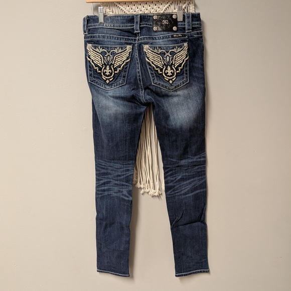 Miss Me Denim - Miss Me Dark Blue Skinny Jeans with Cream Embroidery Mid rise Skinny 28